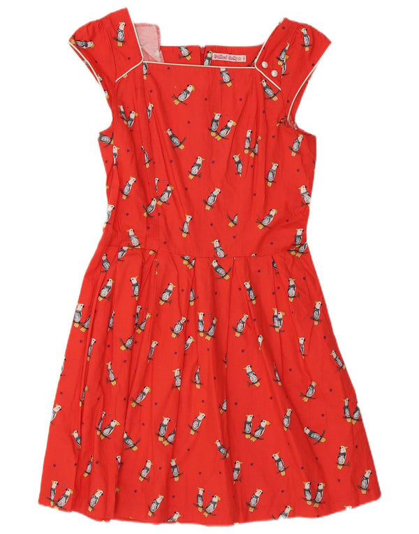 Vestido feminino vintage sem mangas evasê UK 12 algodão vermelho médio com estampa animal