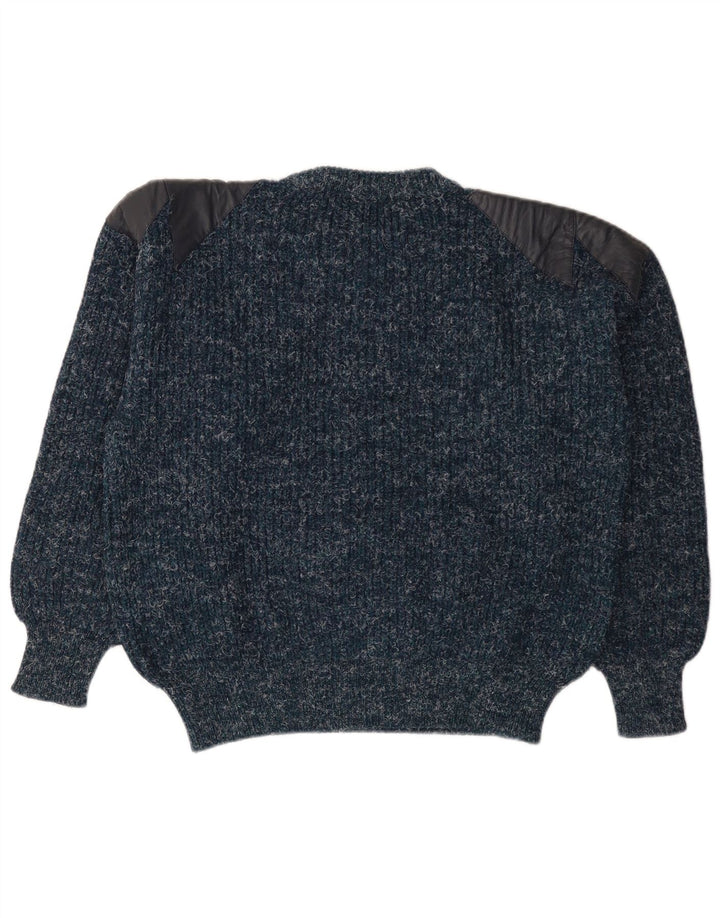 Suéter vintage masculino com gola redonda, lã manchada azul marinho médio