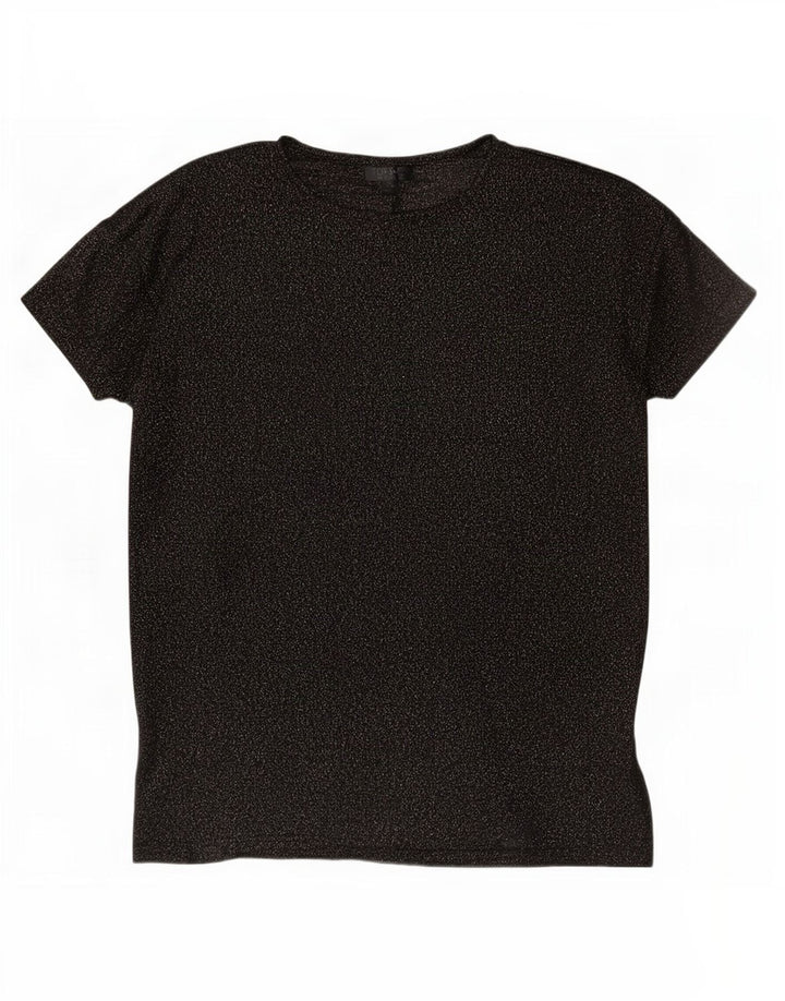 Camiseta feminina grande Topshop UK 8 pequena preta manchada de poliéster