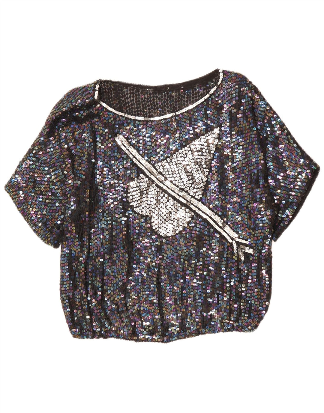 Blusa feminina VINTAGE com estampa gráfica UK 14 grande coração preto manchado