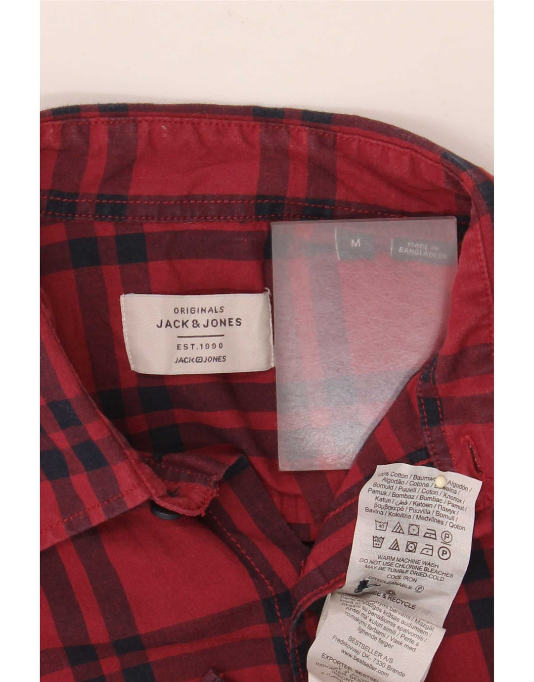 Camisa masculina de manga curta Jack & Jones de algodão xadrez vermelho médio