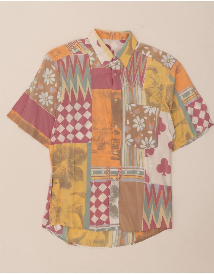 Camisa masculina vintage de manga curta com retalhos multicoloridos médios