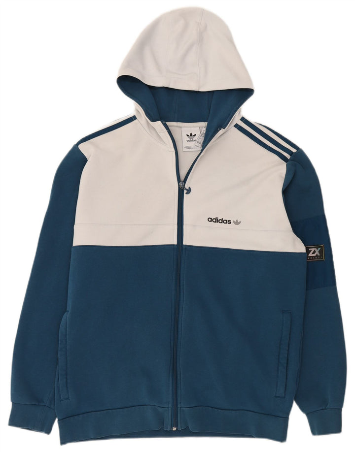 Suéter masculino Adidas com capuz e zíper grande azul colorido bloco de poliéster