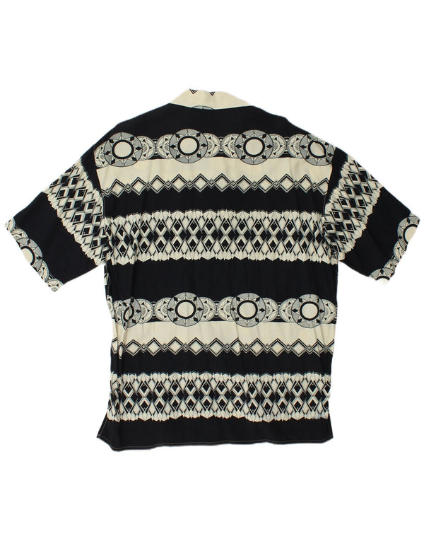 Camisa masculina vintage de manga curta solta e viscose geométrica preta pequena