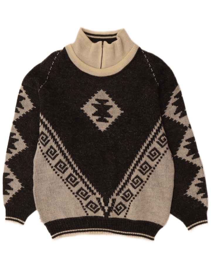 Suéter masculino VINTAGE com zíper e gola IT 46 pequeno preto Fair Isle
