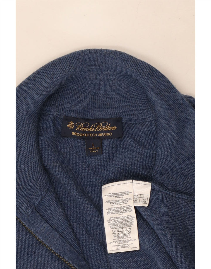 Suéter masculino Brooks Brothers com zíper e gola grande de lã azul
