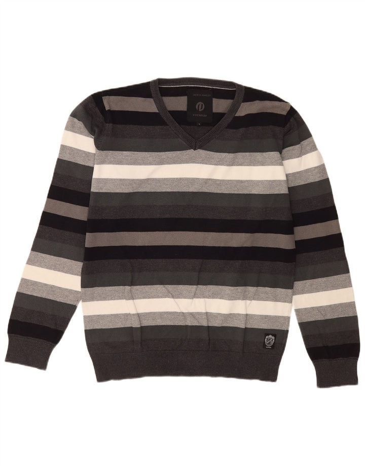 Suéter masculino Jack & Jones com decote em V grande listrado cinza