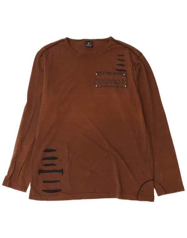 Bromfield Mens Top Manga Longa 2XL Algodão Marrom