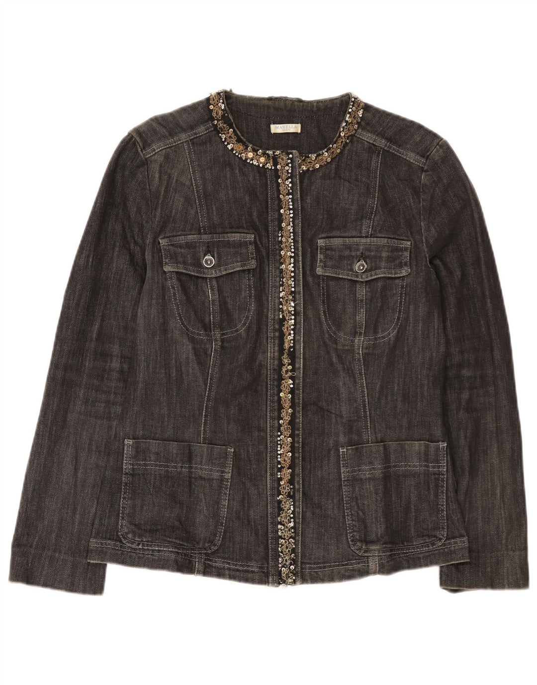 Jaqueta jeans feminina Marella UK 16 grande algodão cinza