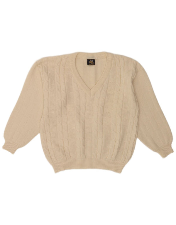 Suéter masculino vintage de ajuste regular com decote em V médio off white clássico
