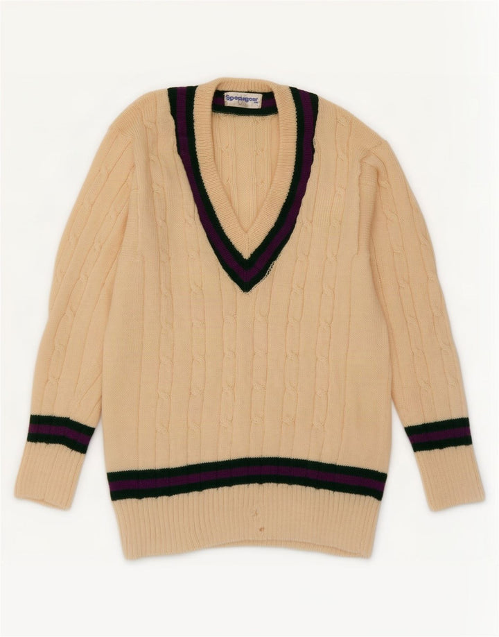 Suéter masculino vintage com decote em V pequeno colorblock bege