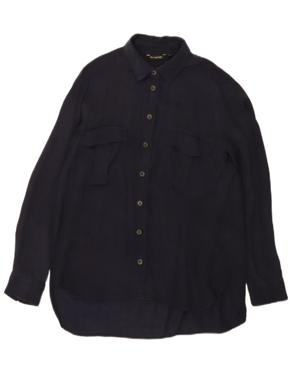 Camisa feminina de veludo cotelê Massimo Dutti UK 14 médio azul marinho Cupro