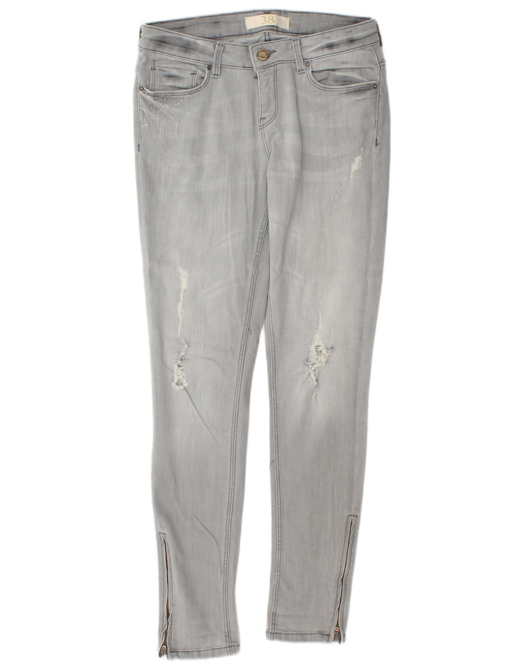 ZARA Jeans skinny feminino desgastado UE 38 pequeno W28 L30 algodão cinza