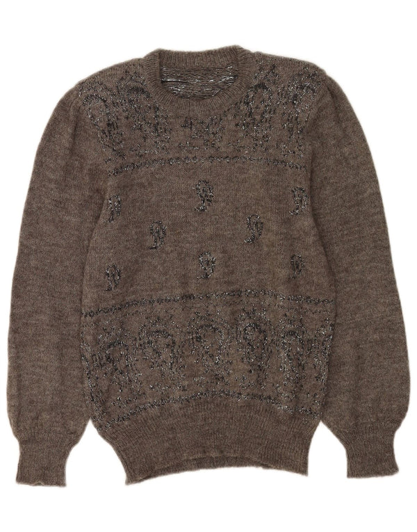 Suéter feminino vintage com gola redonda UK 14 Paisley cinza médio