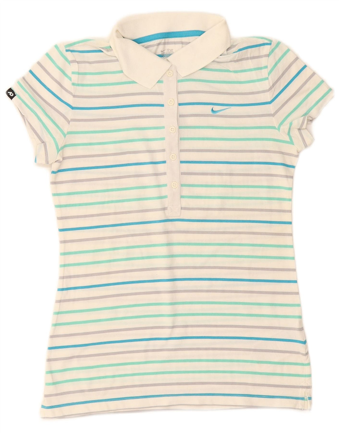 Camisa polo feminina Nike UK 8/10 pequena listrada branca de algodão