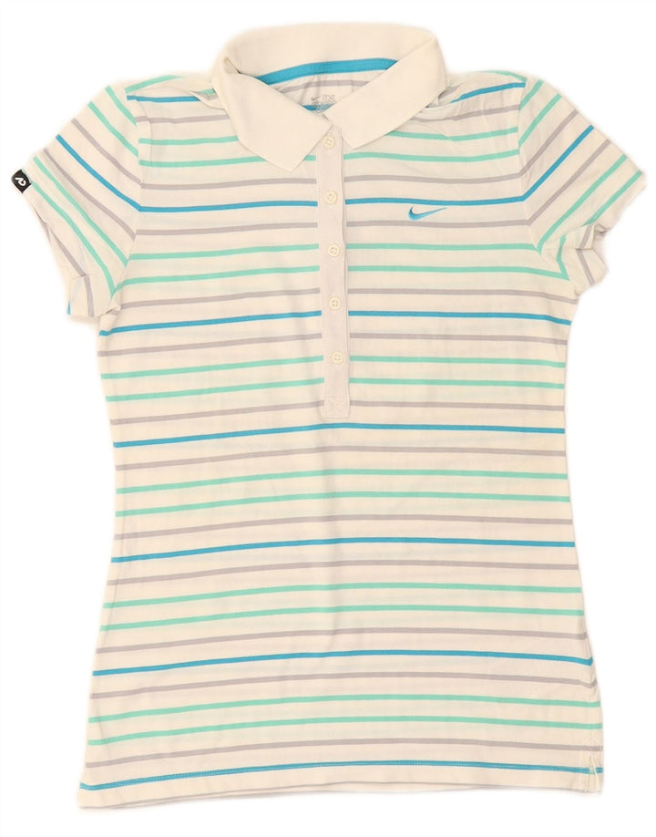 Camisa polo feminina Nike UK 8/10 pequena listrada branca de algodão