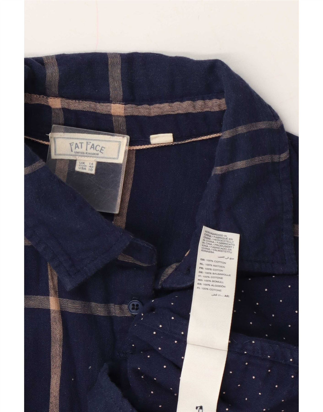 Camisa feminina Fat Face UK 14 grande algodão xadrez azul marinho