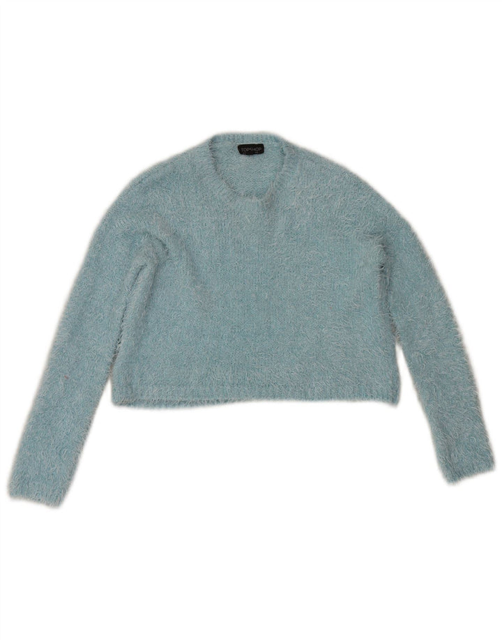 Topshop Suéter feminino cropped com gola redonda Reino Unido 8 poliéster azul pequeno