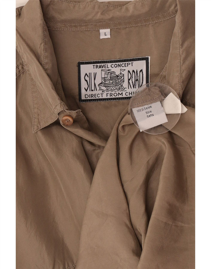 Camisa masculina vintage de manga curta grande seda marrom