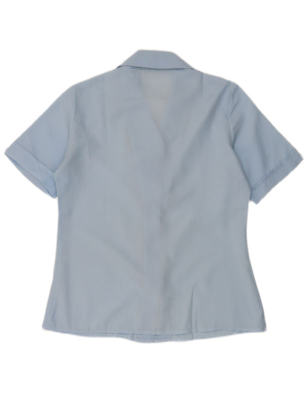 Blusa feminina vintage de manga curta UK 14 poliéster azul médio