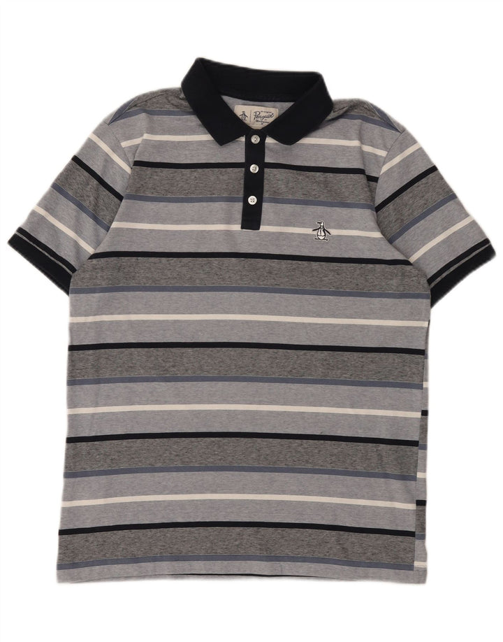 Camisa polo masculina Penguin algodão listrado cinza médio