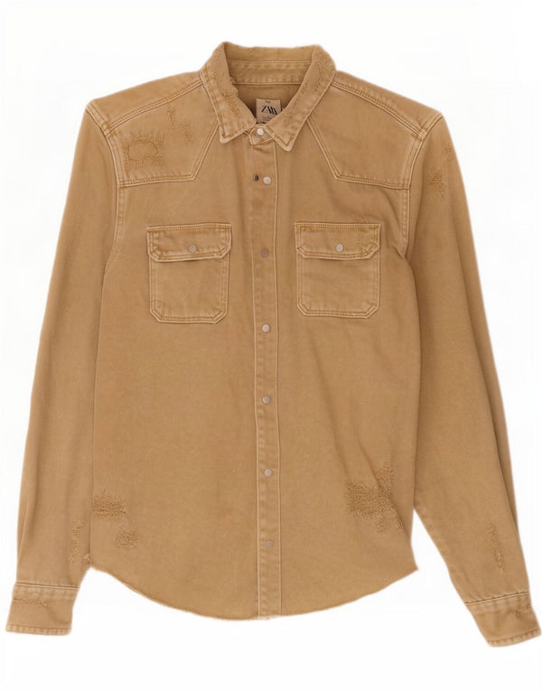 Zara Camisa jeans masculina desgastada de algodão marrom médio