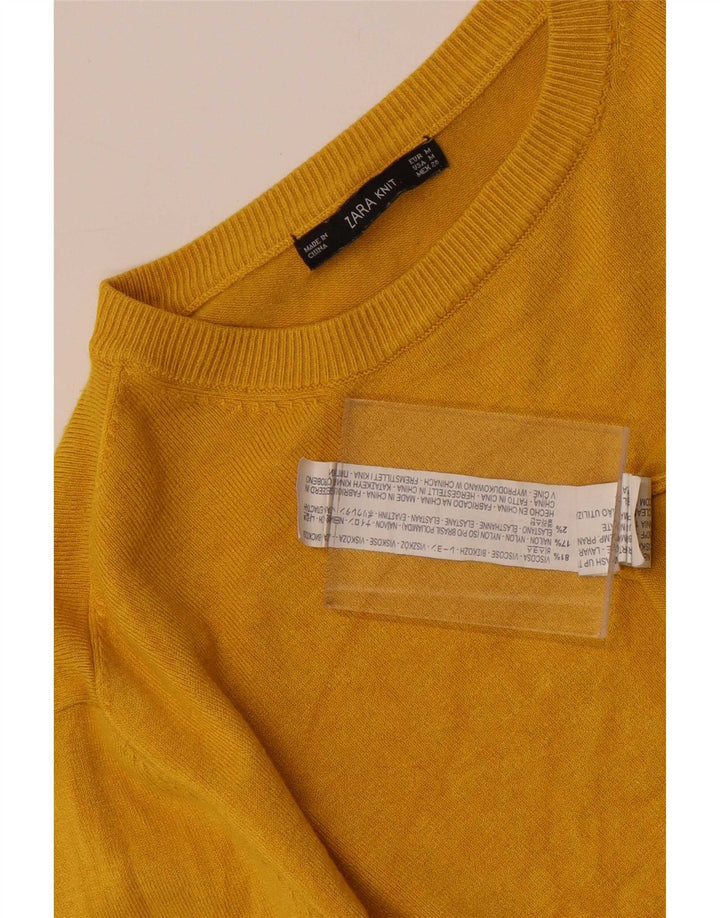 Suéter feminino Zara com gola redonda e viscose amarela média UK 12