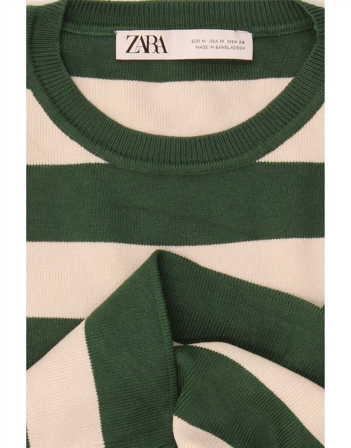 Zara Womens Crop Top Manga Longa Reino Unido 12 Listrado Verde Médio
