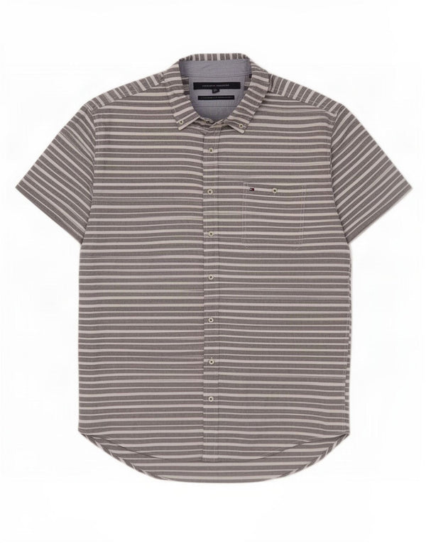 Tommy Hilfiger Camisa masculina de manga curta com ajuste personalizado 2XL algodão listrado cinza
