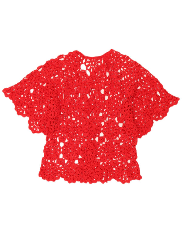 Cardigã feminino de crochê de manga curta VINTAGE Reino Unido 12 floral vermelho médio