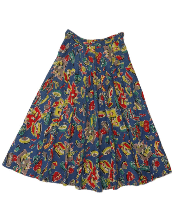 Saia feminina vintage com padrão abstrato plissada W24 XS azul