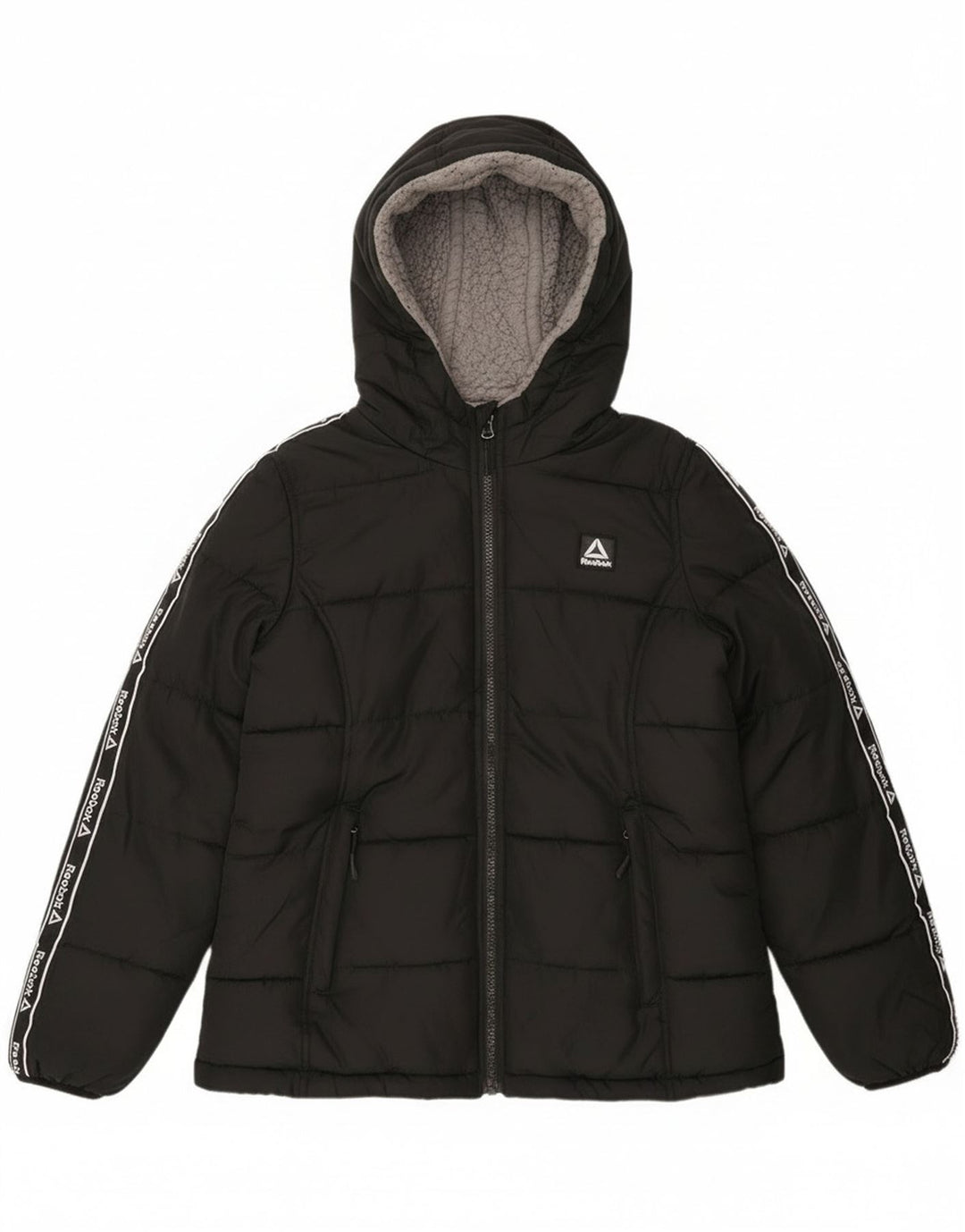 Jaqueta feminina Reebok Graphic com capuz acolchoada UK 10 pequena preta