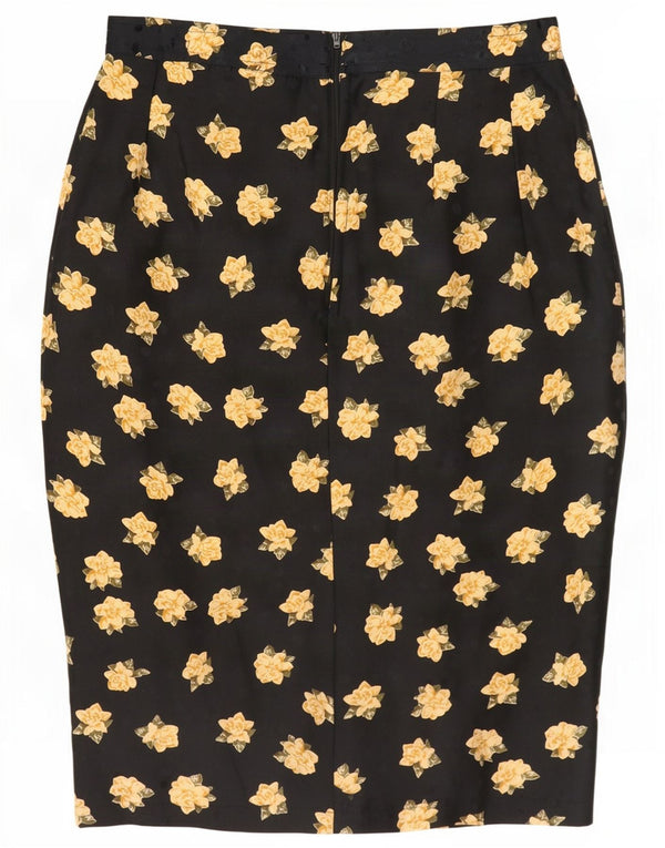 Saia lápis feminina vintage pequena W26 seda floral preta