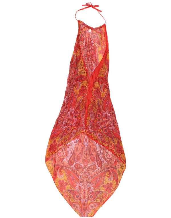 Vestido feminino vintage assimétrico halter UK 8 pequeno vermelho paisley seda