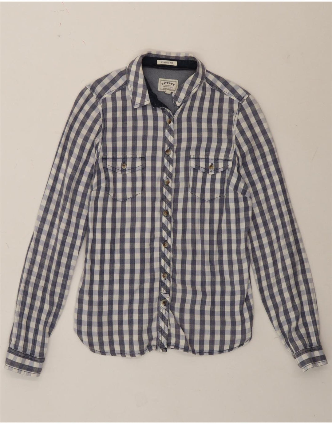 Camisa feminina Fat Face Classic Fit Reino Unido 12 algodão guingão azul médio