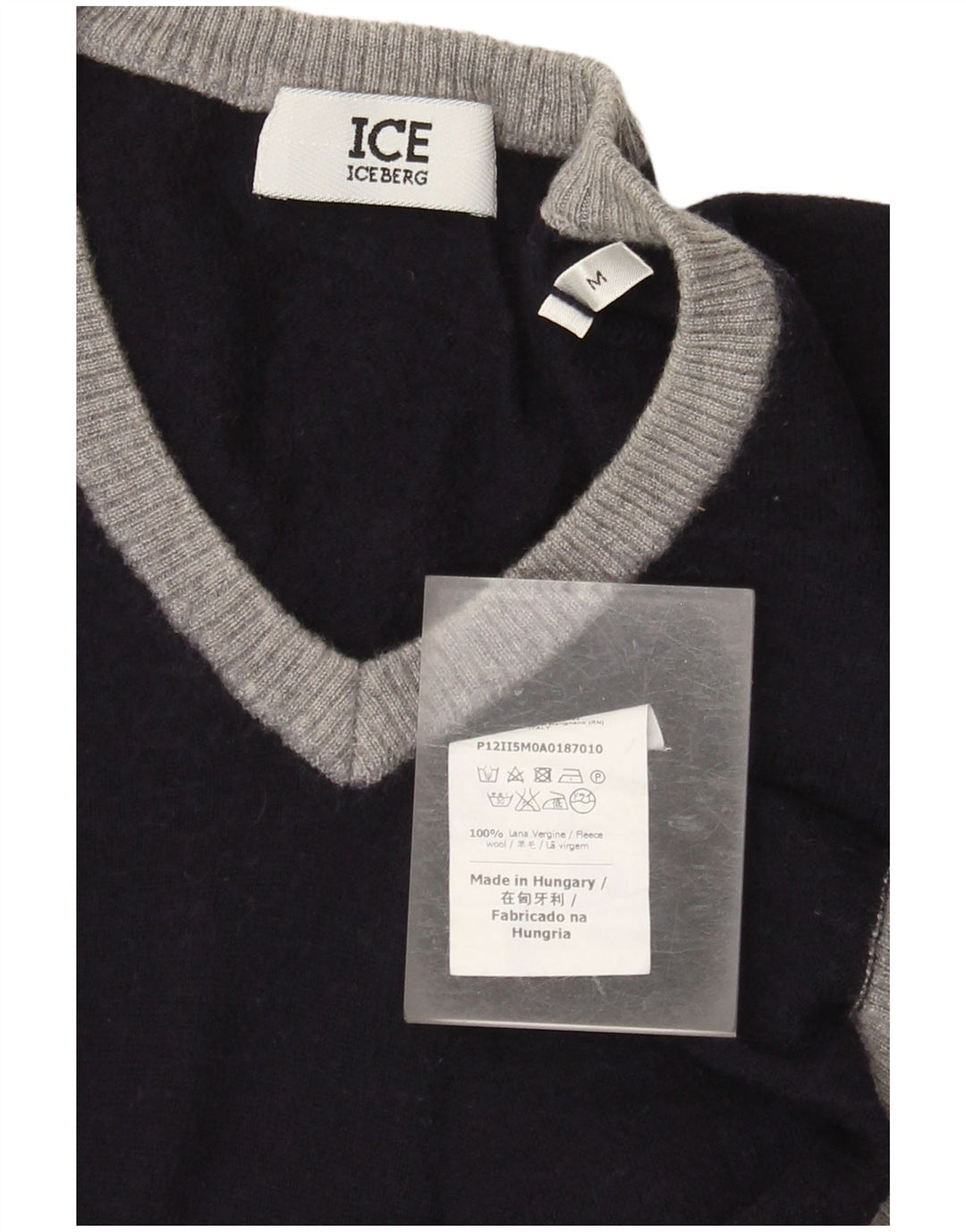 Suéter feminino Iceberg com decote em V UK 12 bloco colorido azul marinho médio