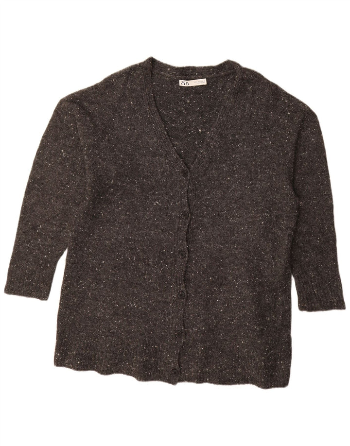 Suéter cardigã feminino com palangre ZARA Reino Unido 16 grande acrílico manchado cinza