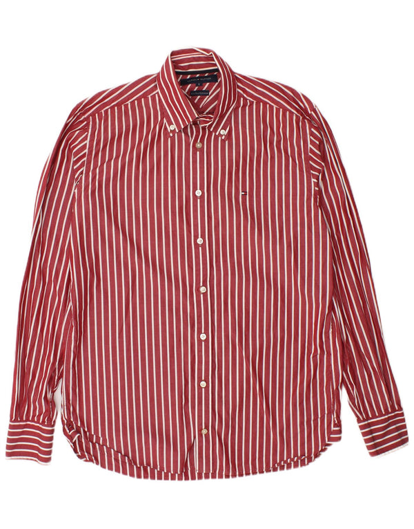 Camisa masculina Tommy Hilfiger pequena listrada vermelha de algodão