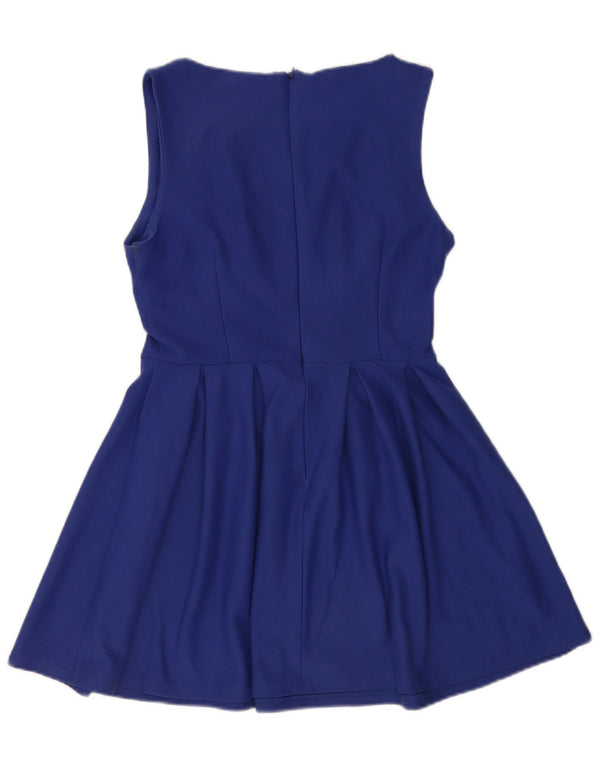 Topshop vestido feminino sem mangas evasê UK 10 pequeno azul poliéster