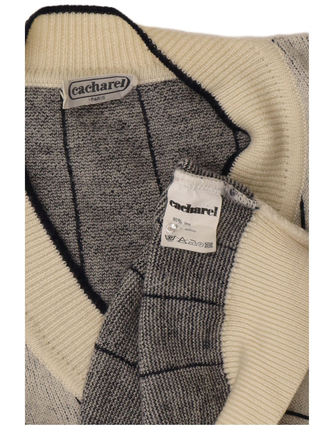 Suéter feminino Cacharel com decote em V Reino Unido 18 XL lã listrada cinza