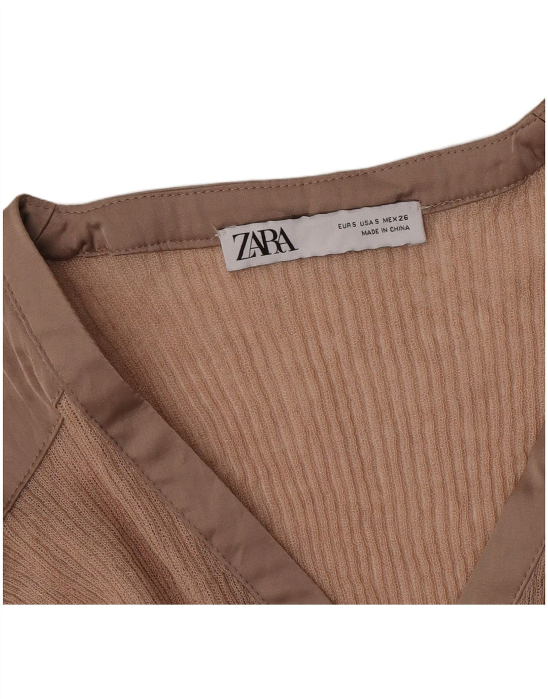 Top feminino Zara de manga comprida UK 10 pequeno bloco colorido bege