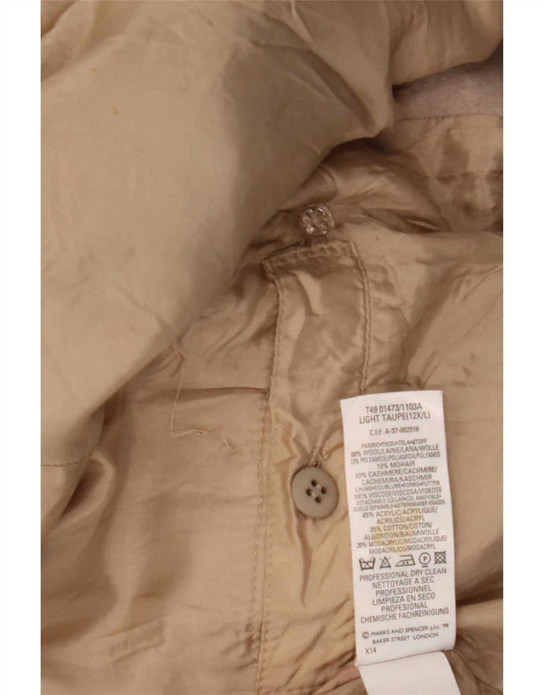 Casaco feminino Marks & Spencer com peito duplo Reino Unido 12 lã bege médio
