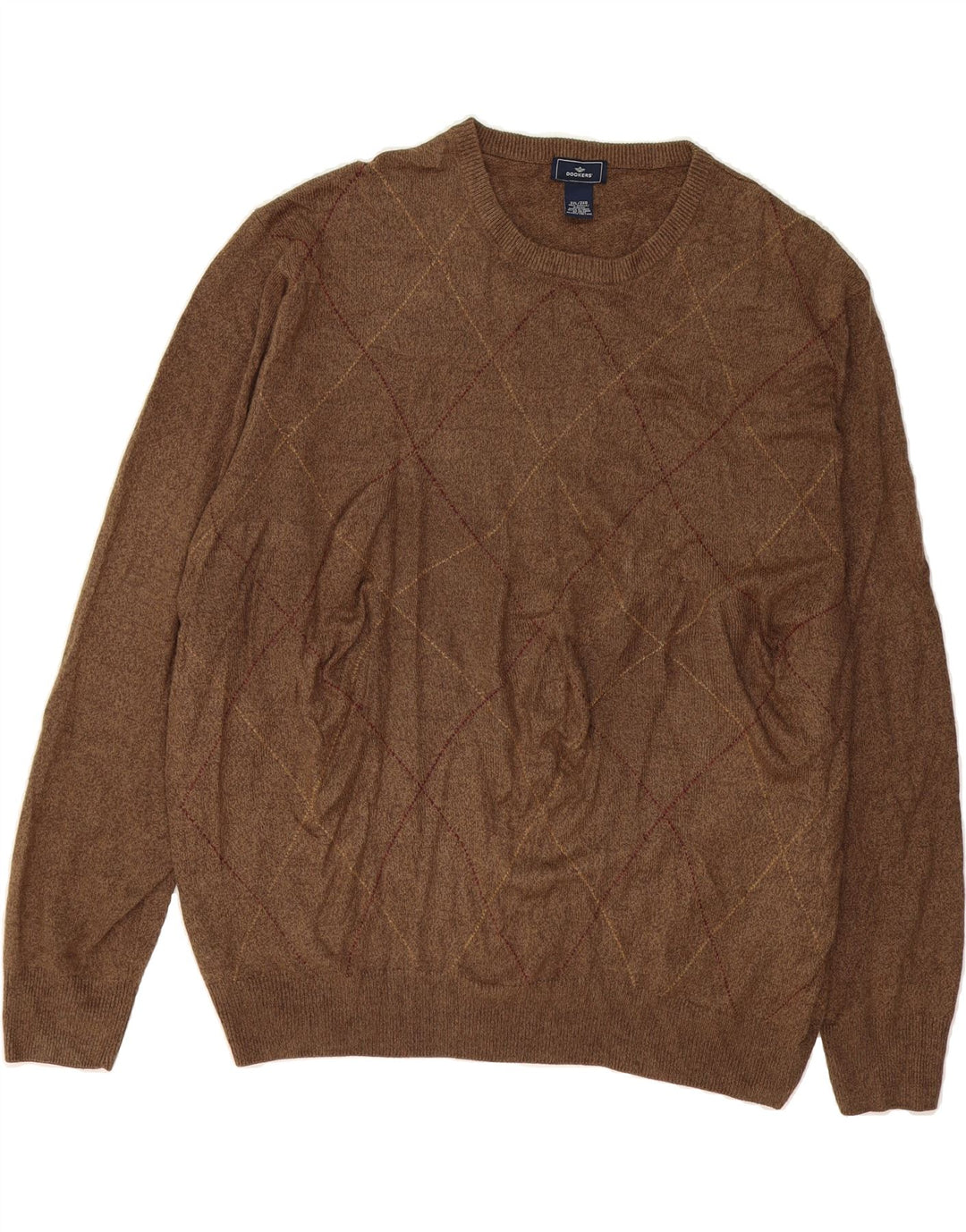 DOCKERS Mens Loose Fit Crew Neck Jumper Sweater 2XL Brown Argyle/Diamond Vintage Dockers and Second-Hand Dockers from Messina Hembry 