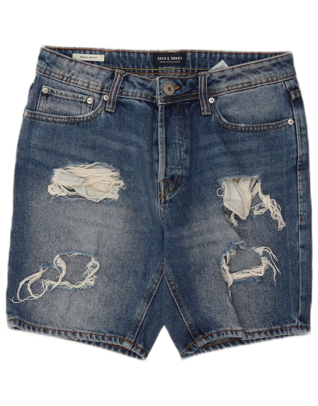 Shorts jeans masculino Jack & Jones desgastado regular fit pequeno W28 algodão azul