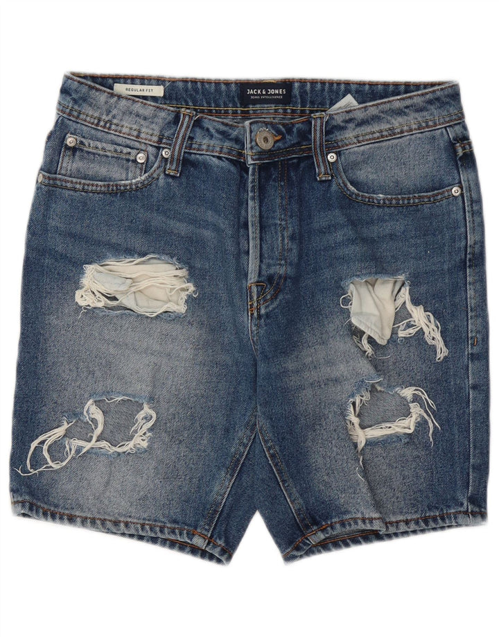 Shorts jeans masculino Jack & Jones desgastado regular fit pequeno W28 algodão azul