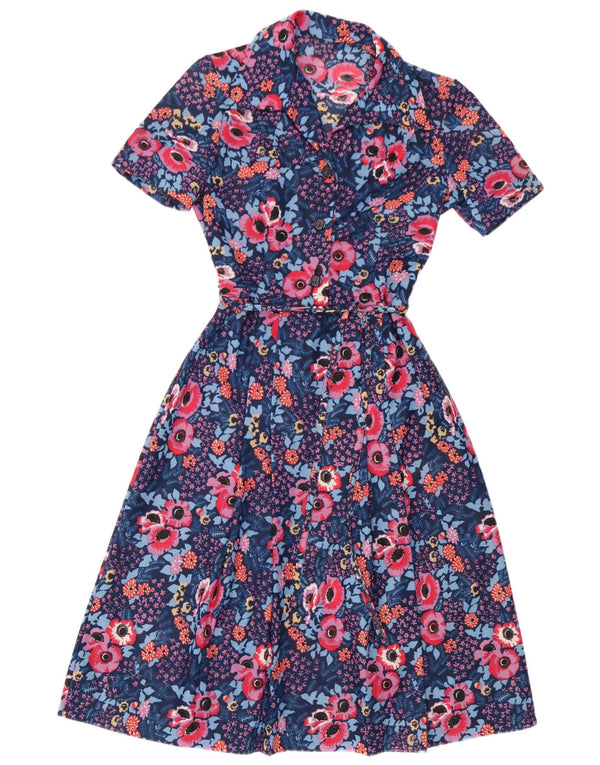 Vestido feminino vintage evasê UK 10 pequeno floral azul