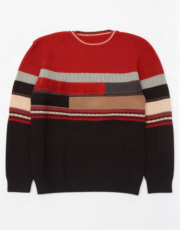 Suéter masculino vintage com gola redonda IT 52 grande lã colorblock vermelha