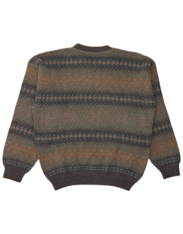 Suéter vintage masculino com gola redonda, grande lã Fair Isle cinza
