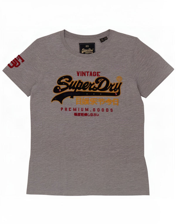 Camiseta feminina Superdry com estampa gráfica UK 12 algodão manchado cinza médio