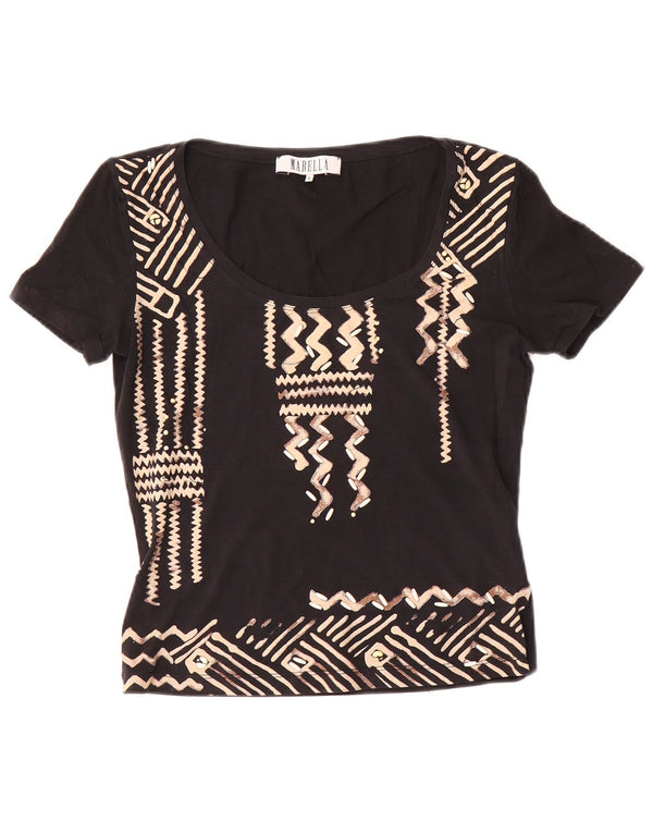 Camiseta feminina gráfica Marella UK 10 pequena algodão geométrico preto